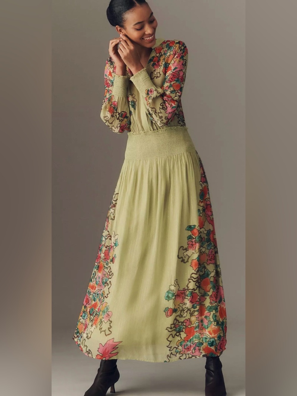 BL-NK ROSALEY LONG-SLEEVE MAXI SHIRT DRESS, Sz S, Color: Green Pattern